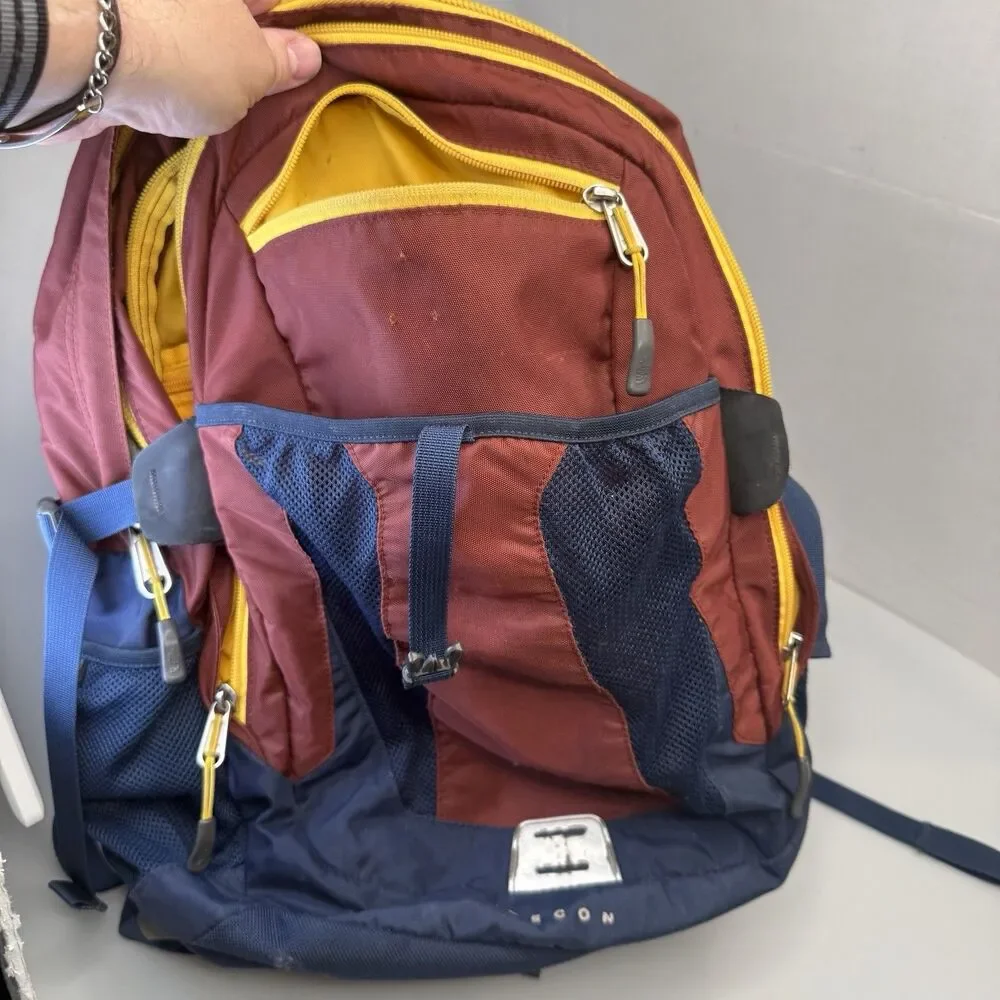 The North Face Recon Backpack Laptop Outdoor Hiking Burgundy Yellow GUC